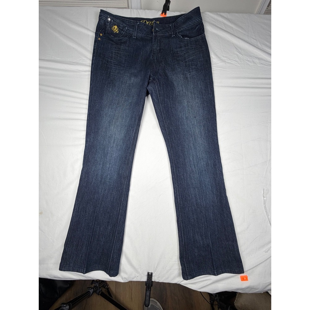 Dereon Womens Dark Wash Flare Leg Jeans Gold Embroidery Y2K 14W Indigo Stretch